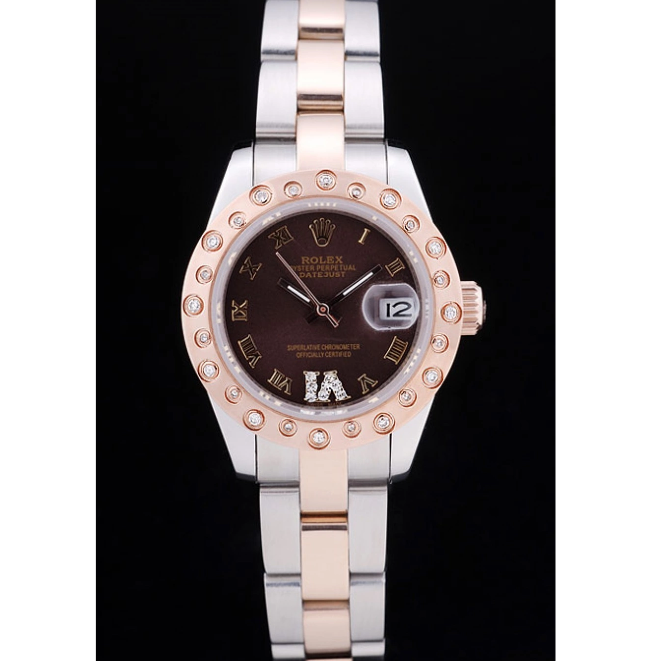 Aaa fake watches Gold Bezel Rose Brown Rolex Dial Polished Datejust Diamonds 7475 0825